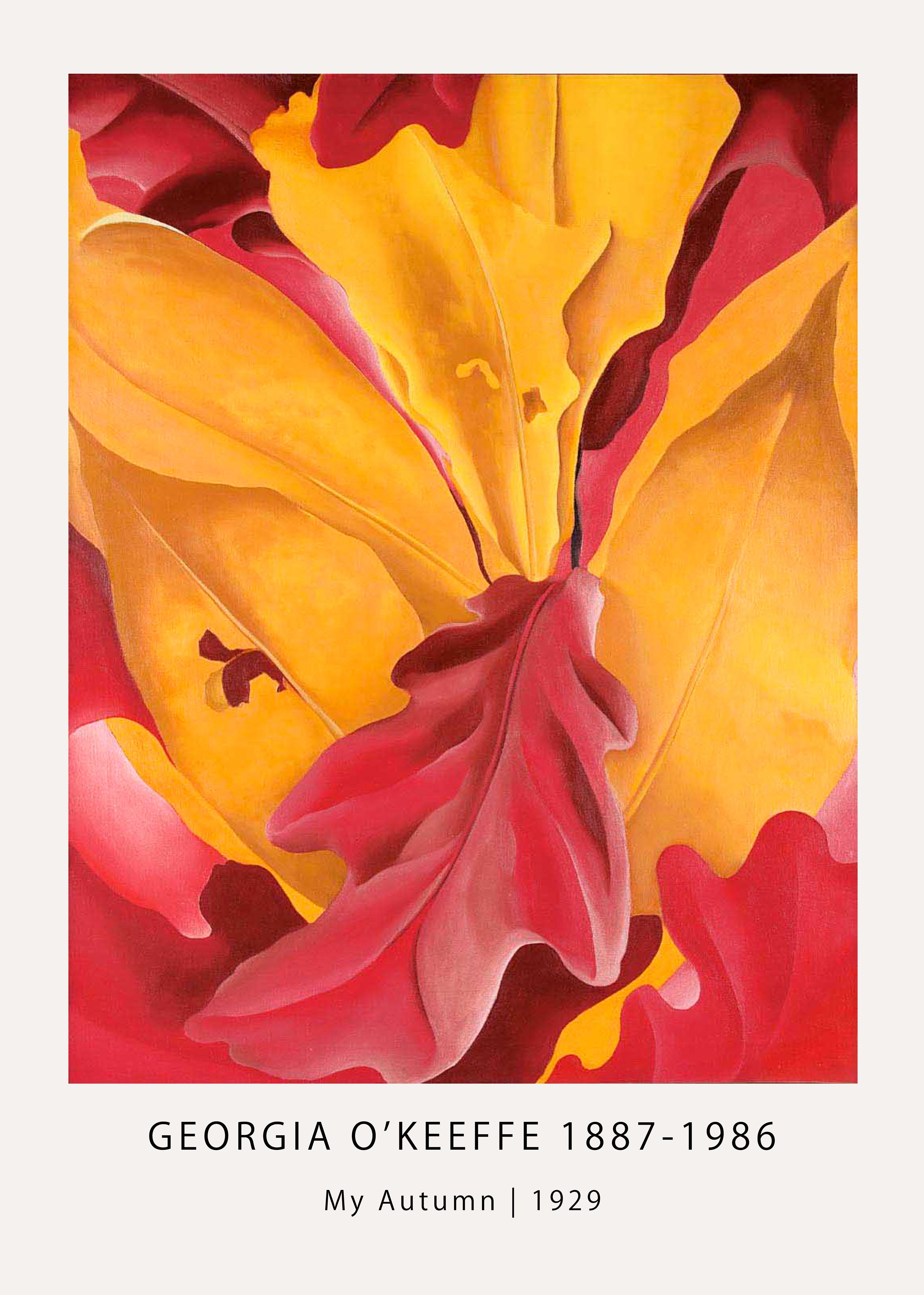 Iconic 1929 painting "My Autumn" by Georgia O'Keeffe, featuring magnified, overlapping abstract leaves in vibrant red, gold, and yellow hues.