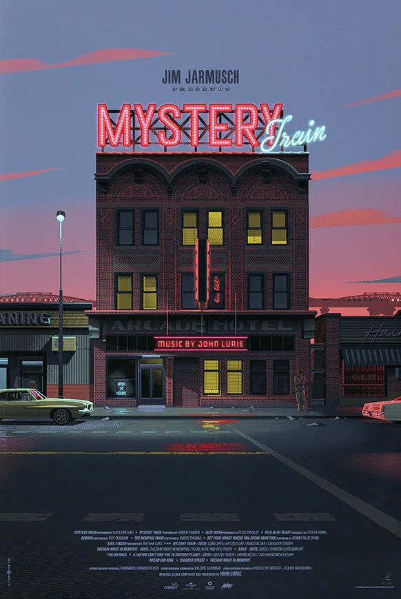 Mystery Train movie poster featuring neon-lit arcade hotel building at dusk with vintage cars and pink sky