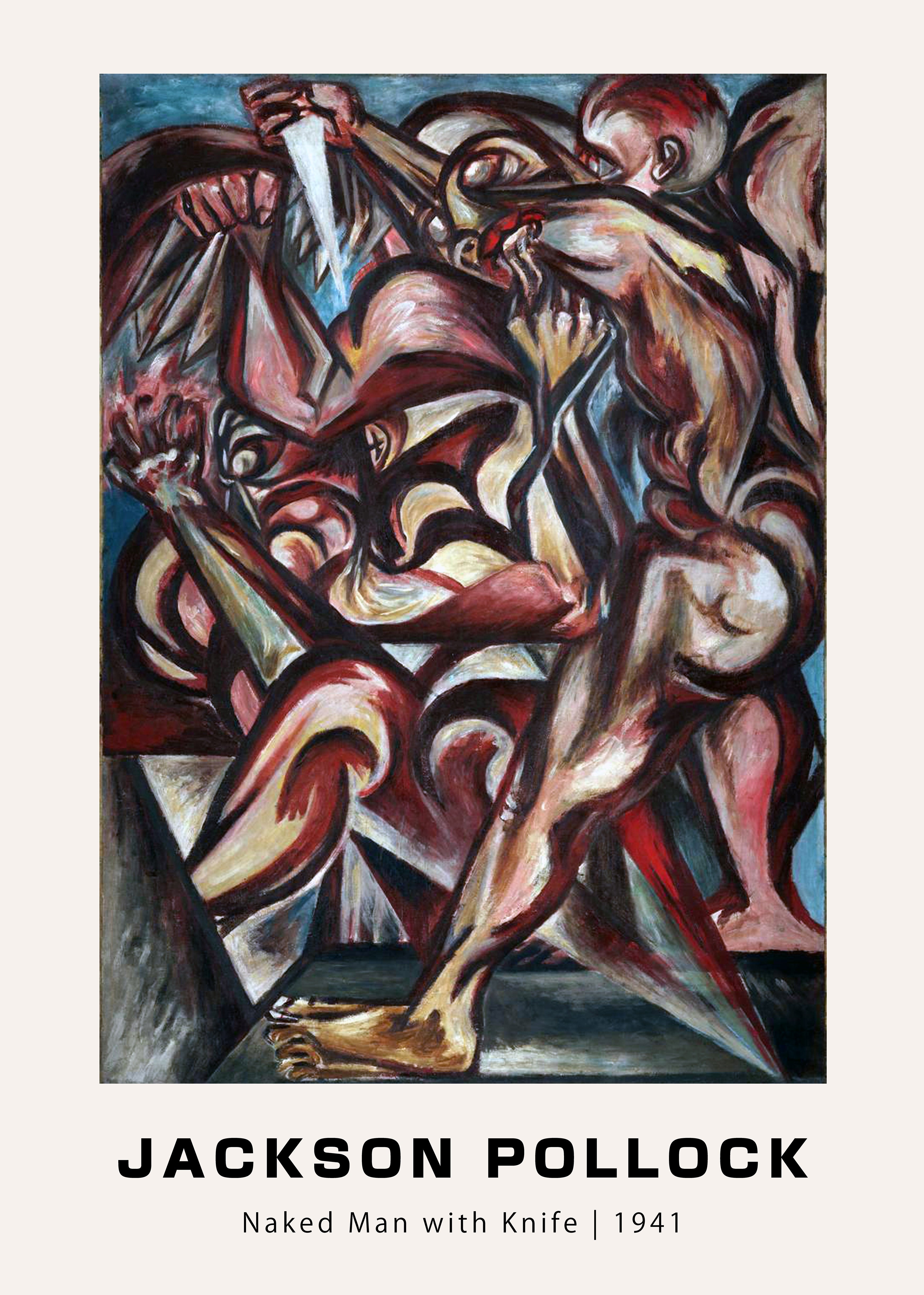 Jackson Pollock's 1941 painting "Naked Man with Knife," showing struggling nude figures in brown, red, and blue Expressionist style.