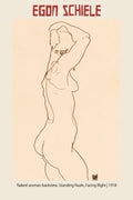 Egon Schiele's 1918 charcoal figure study depicting a nude woman from the back, drawn with expressive, thin lines on sepia-toned paper.