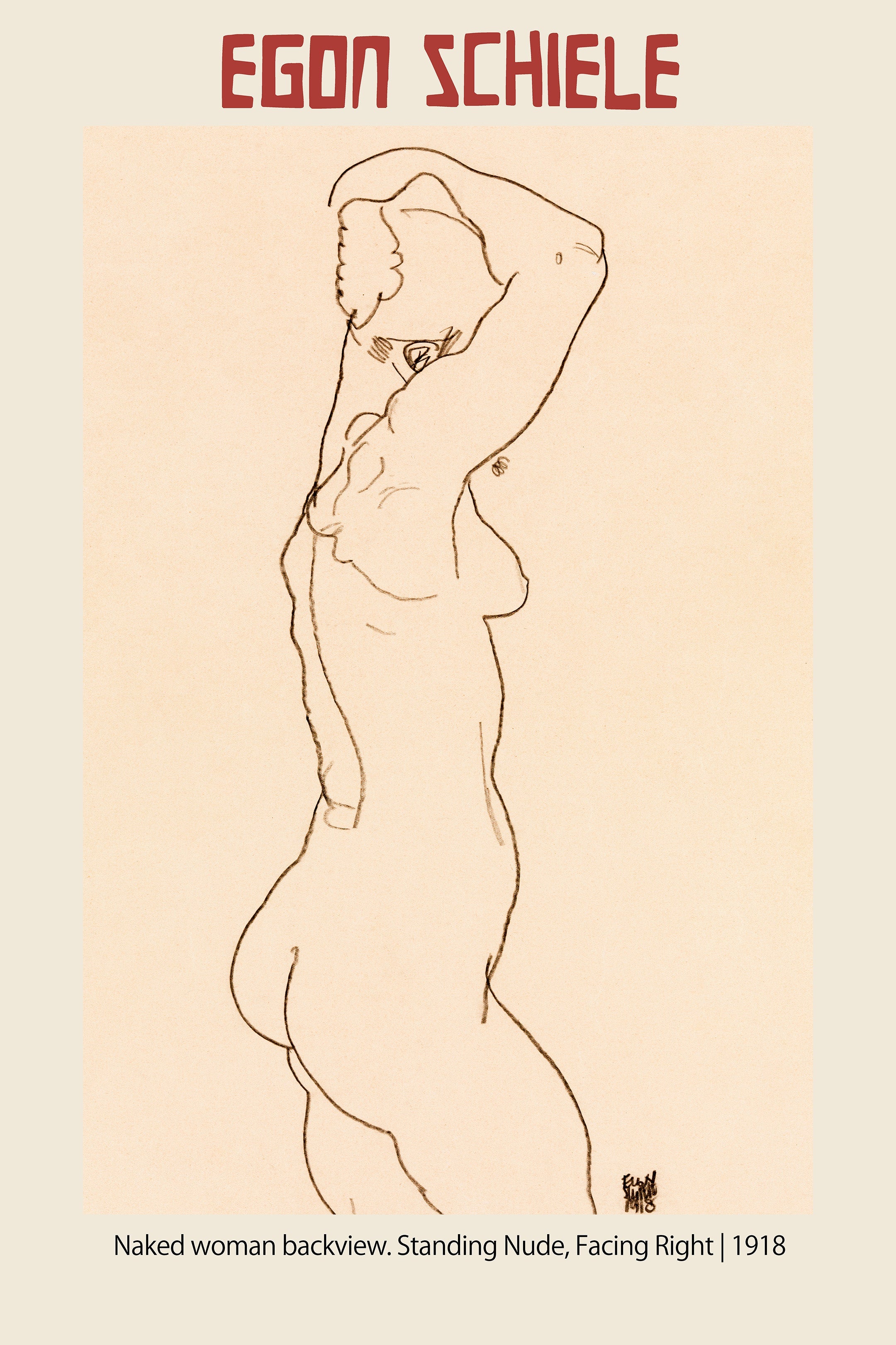 Egon Schiele's 1918 charcoal figure study depicting a nude woman from the back, drawn with expressive, thin lines on sepia-toned paper.
