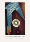 Reproduction of Georgia O'Keeffe's 1925 oil painting showing a dramatic, abstract New York street view at night with a glowing streetlamp and moon.