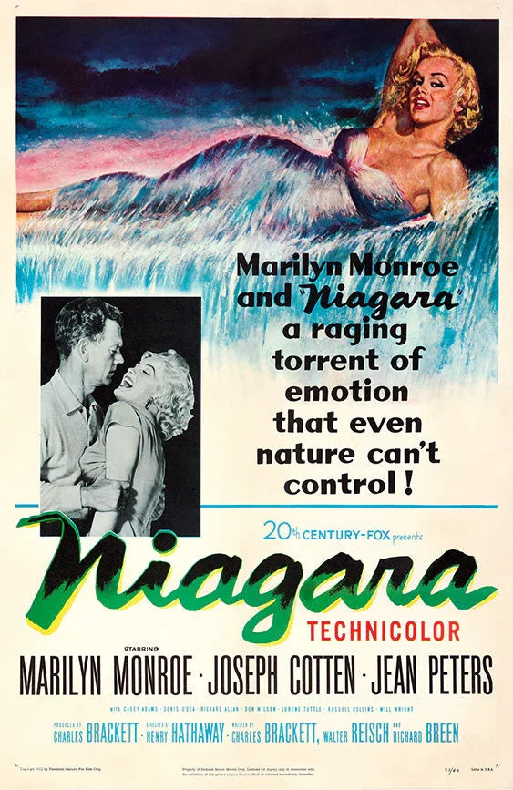 Vintage movie poster of Marilyn Monroe in Niagara with a waterfall and black-and-white couple scene