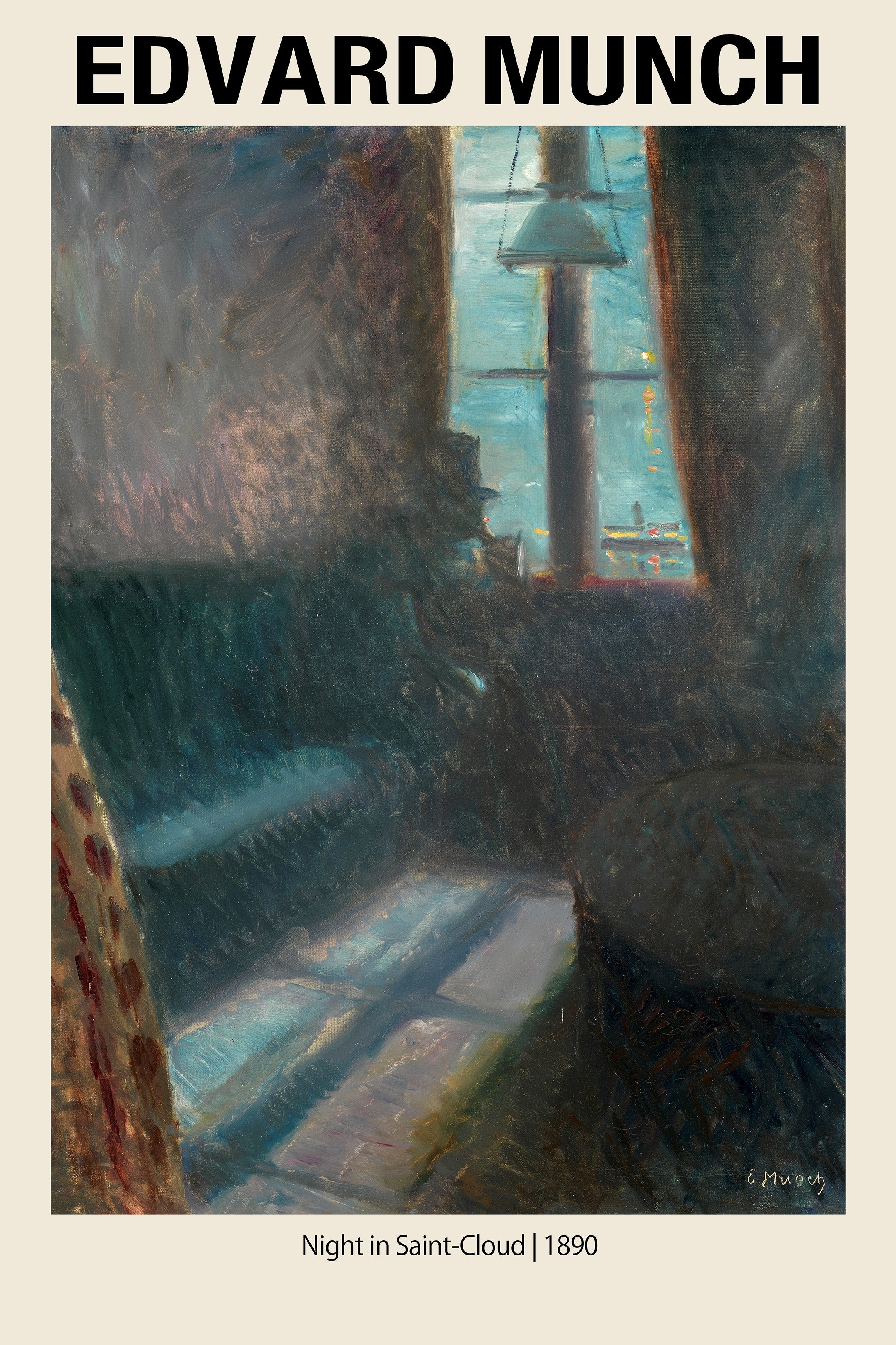 Detailed reproduction of Edvard Munch's "Night in Saint-Cloud" oil painting, showing a dark, empty room looking out a window at a gloomy Parisian cityscape in 1890.