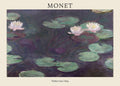 Impressionist painting by Claude Monet titled "Ninfee Rosa" (1899) showing white and pink water lilies floating on dark, purple-hued pond water.