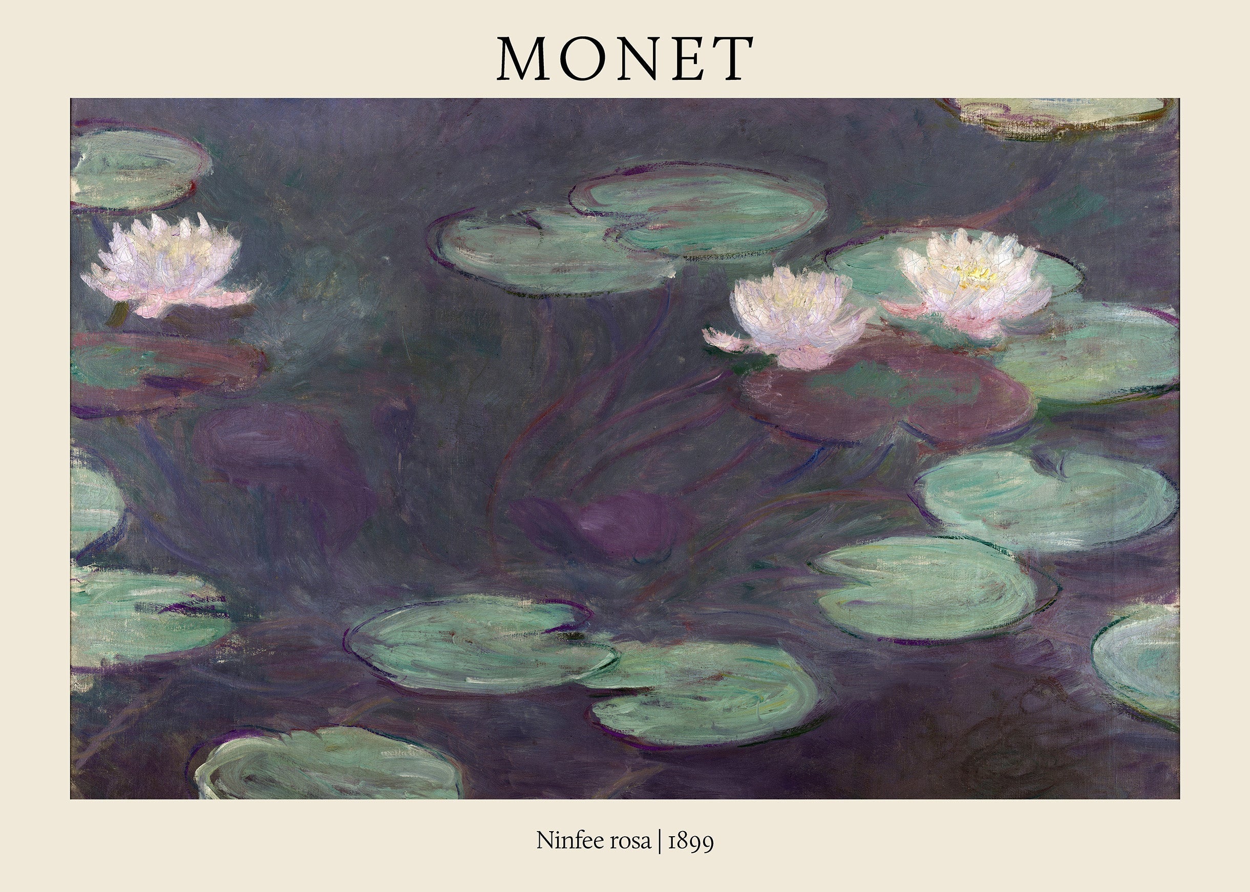 Impressionist painting by Claude Monet titled "Ninfee Rosa" (1899) showing white and pink water lilies floating on dark, purple-hued pond water.