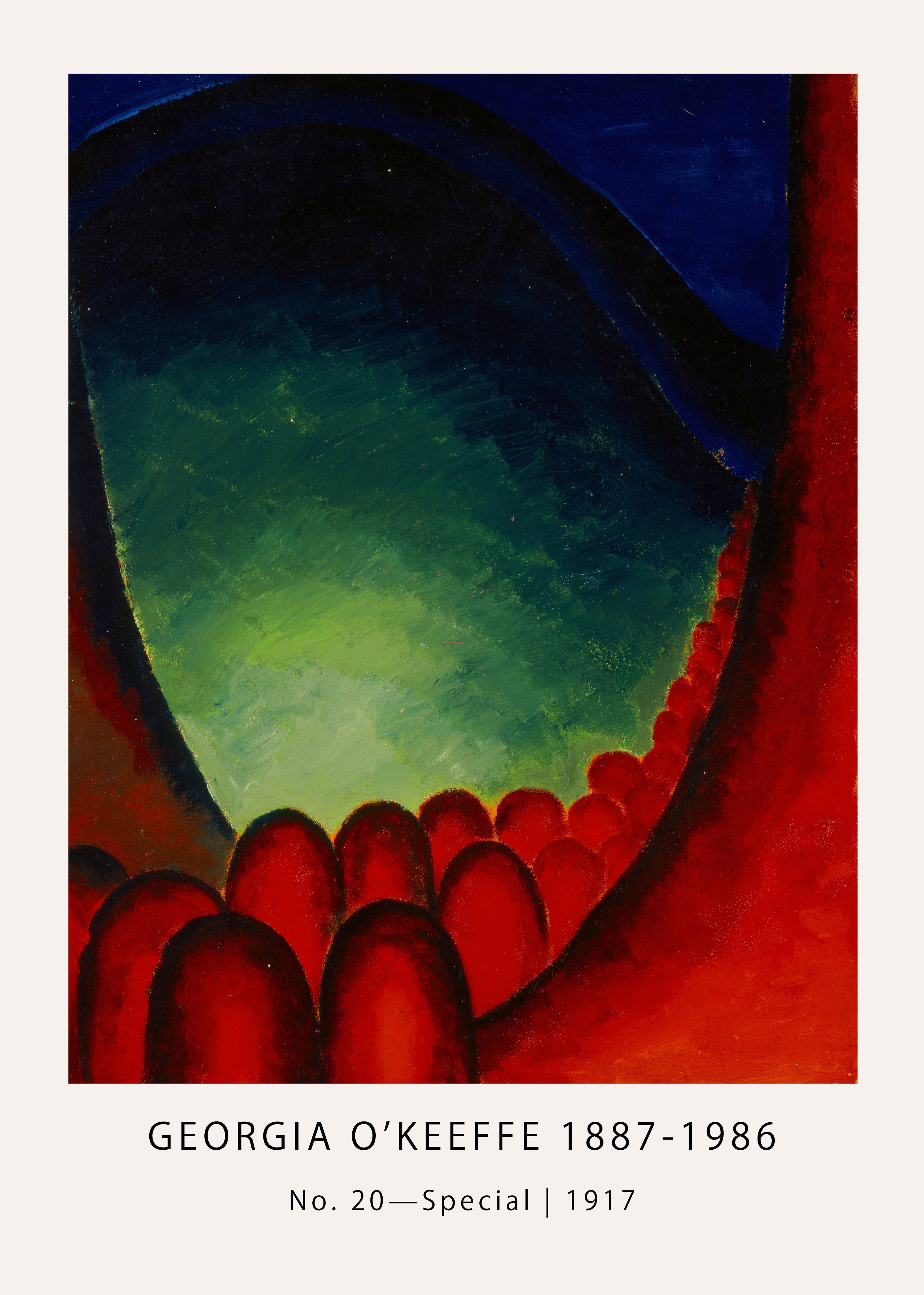 Abstract painting by Georgia O'Keeffe, "No. 20—Special" (1917), featuring vivid red masses contrasting with luminous green and deep indigo blue gradients.