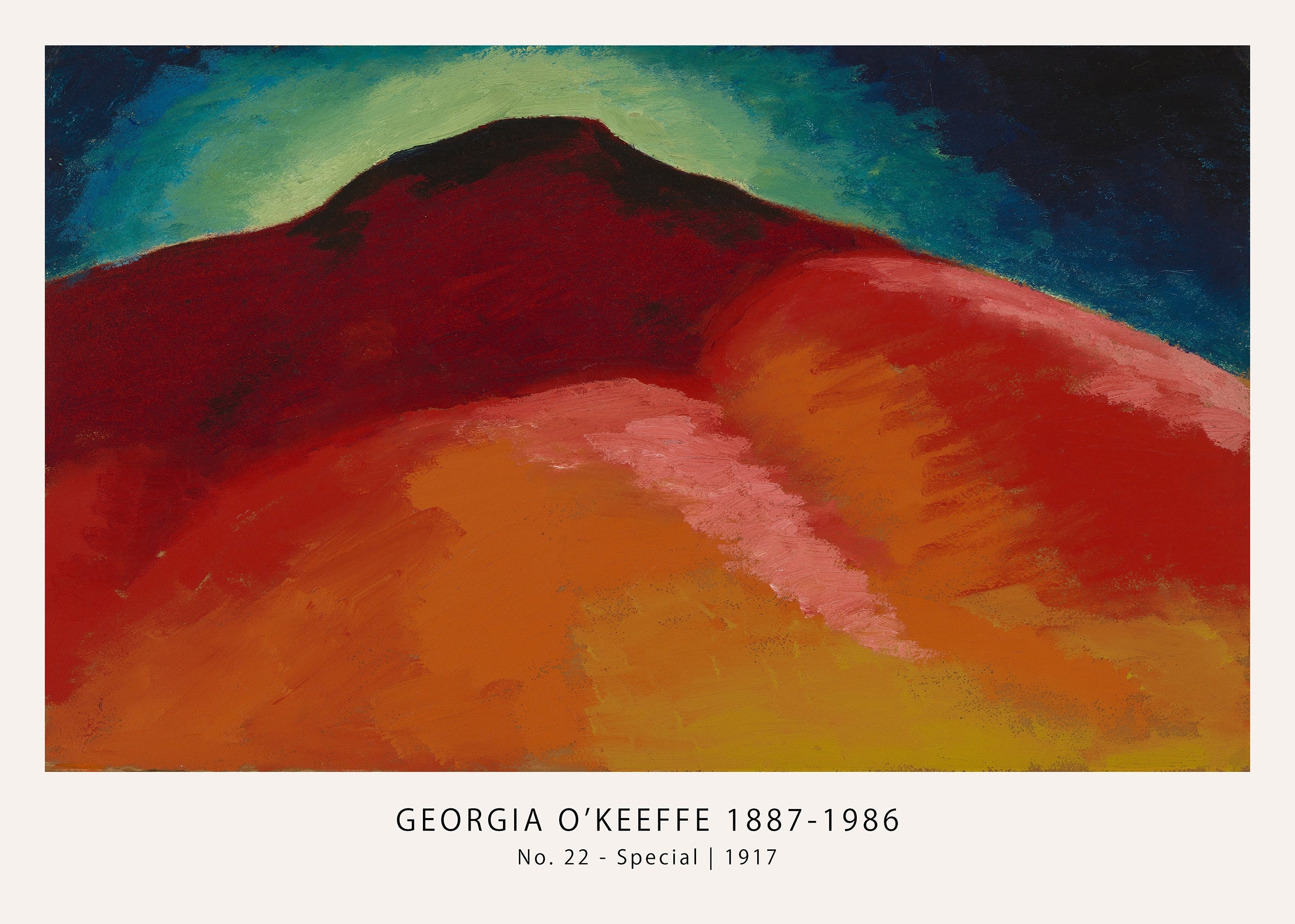 Abstract painting by Georgia O'Keeffe featuring a large red and orange mound or hill set against a dramatic, cool-toned sky.