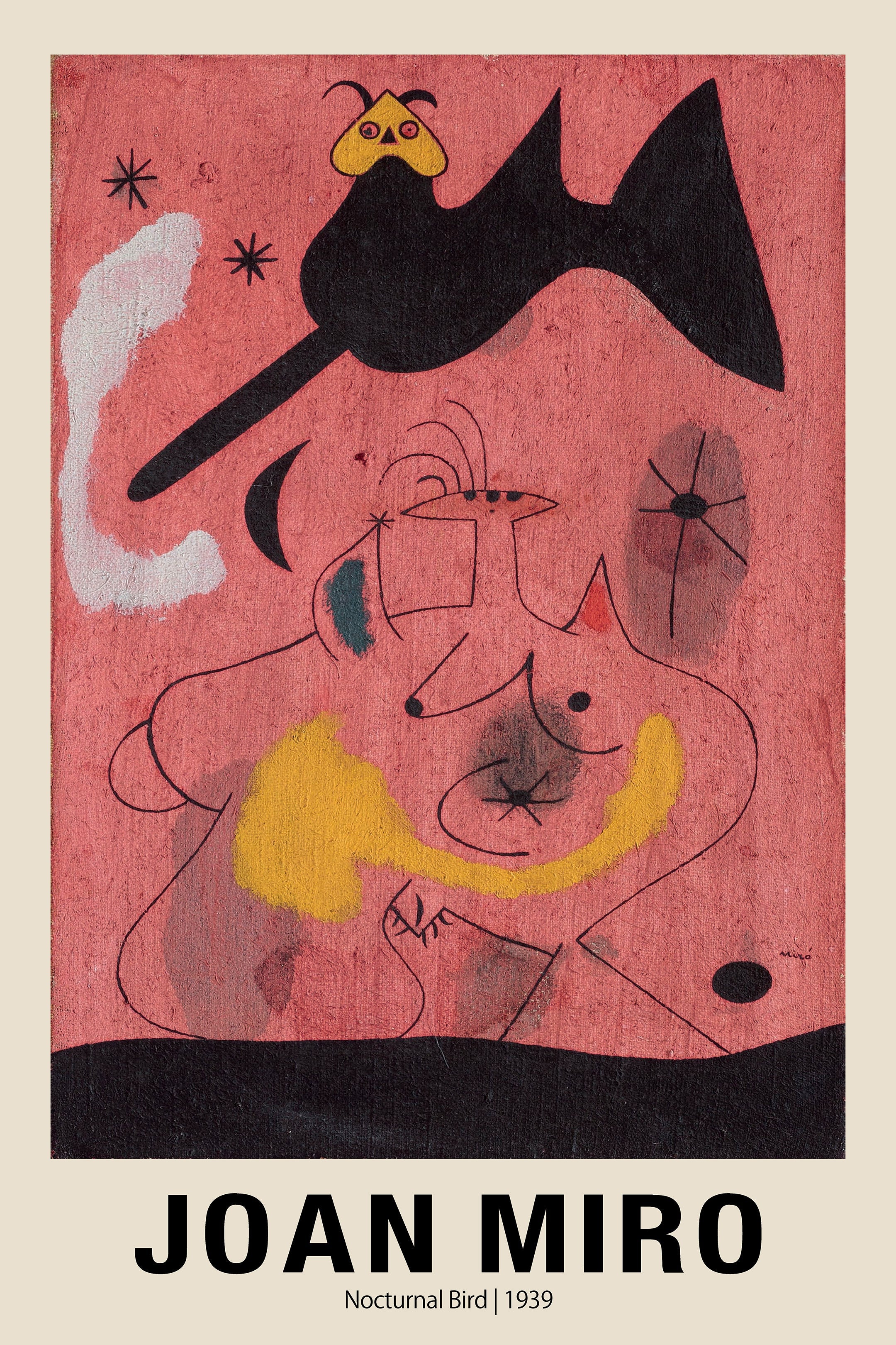 Abstract Joan Miró painting "Nocturnal Bird" from 1939, showing black, yellow, and white surreal figures on a textured dusty pink background.