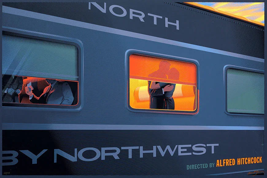 Stylized train scene with silhouetted couple embracing and man holding cards in windows, North by Northwest poster