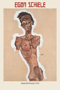 Egon Schiele’s Nude Self-Portrait (1910) print. Distorted figure in brown watercolor and white gouache on tan paper.