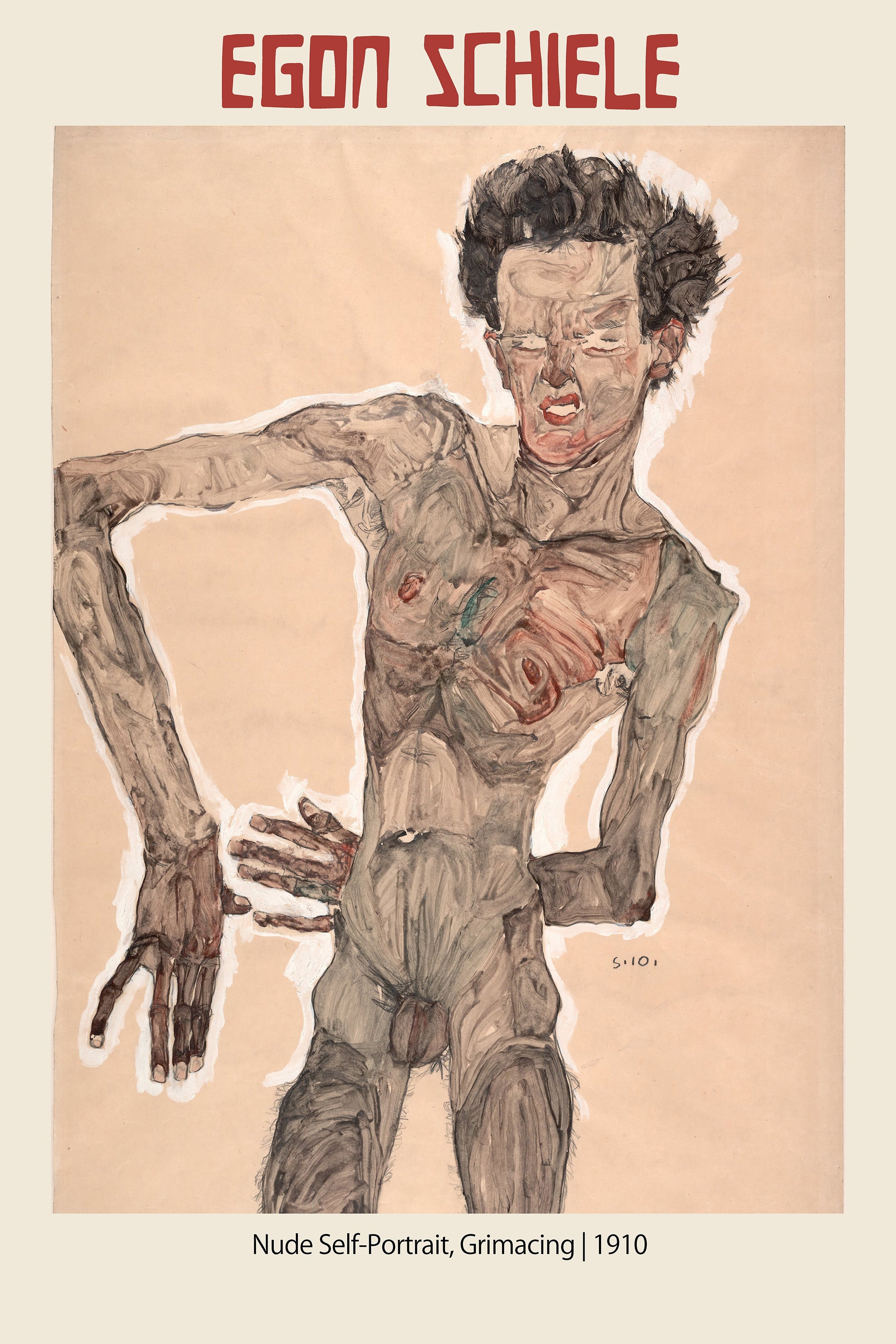 Egon Schiele's 1910 self-portrait showing a nude, grimacing figure rendered in thin brown and red lines on raw paper.