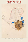 Egon Schiele 1912 Expressionist figure drawing, "Nude with Blue Stockings," showing a bending female figure in watercolor and pencil on aged paper.