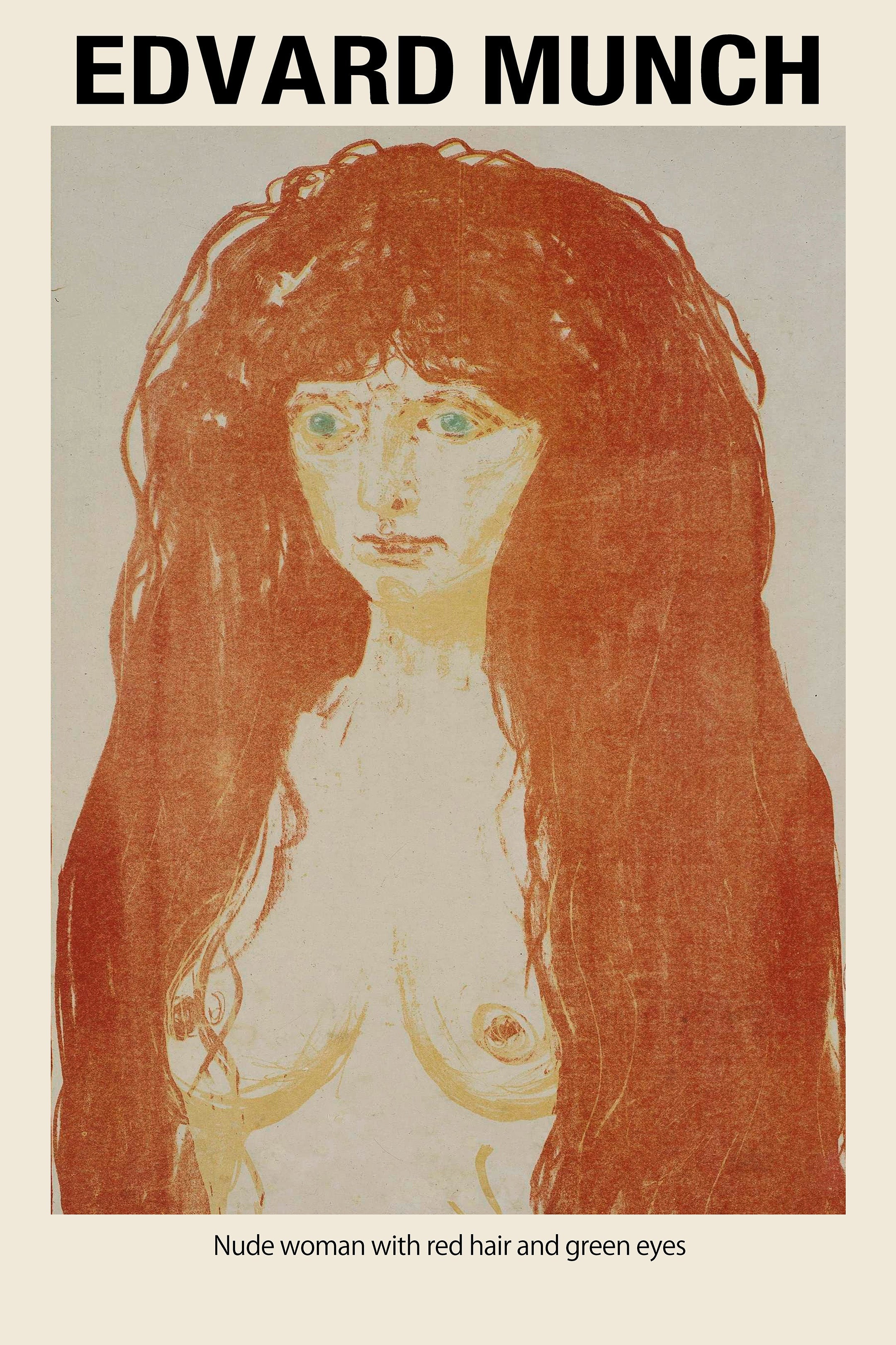 Edvard Munch artwork featuring a nude woman with long, flowing reddish-orange hair and striking green eyes, set against a pale background.