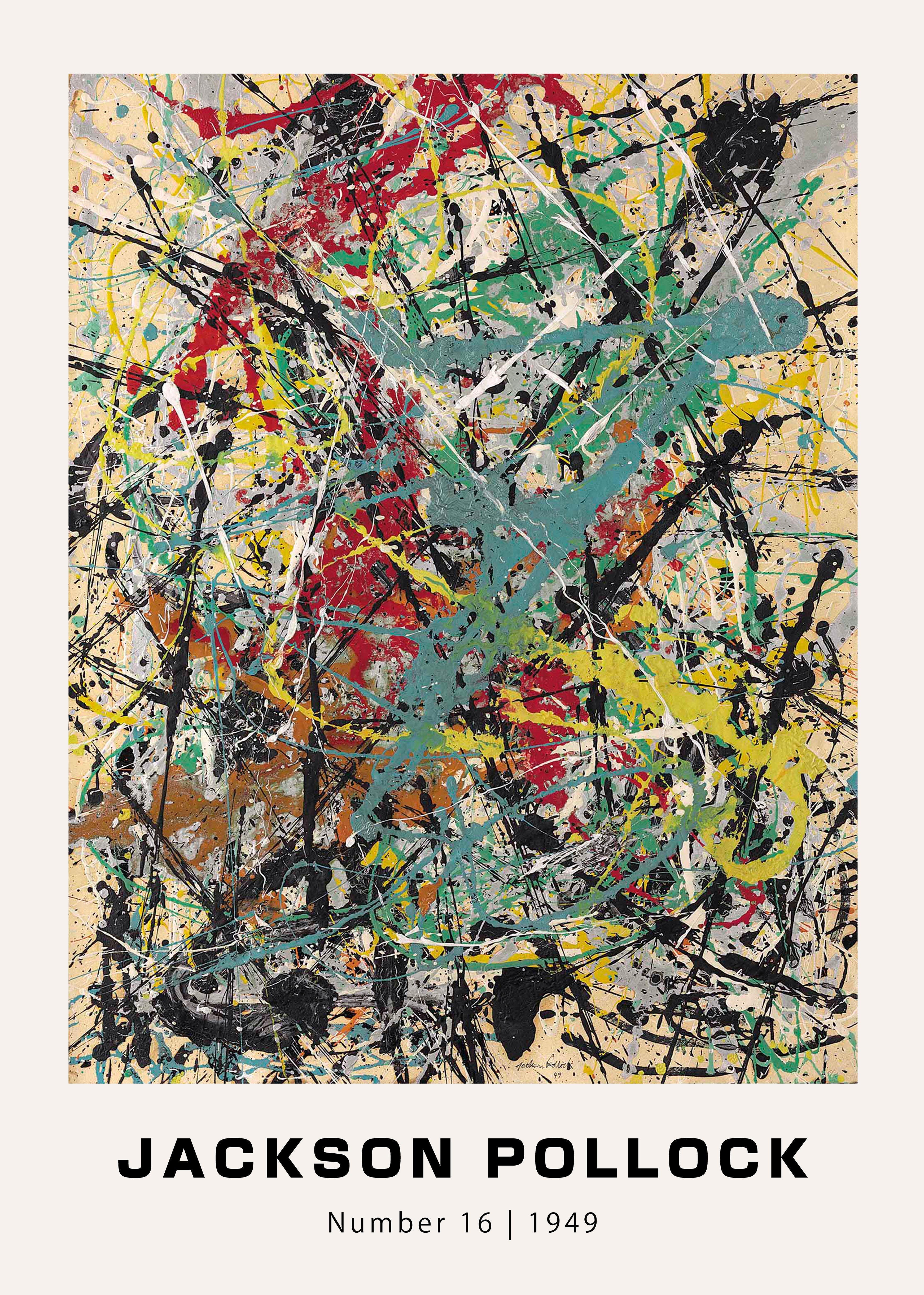 Close-up reproduction of Jackson Pollock's "Number 16" (1949) action painting, featuring black, red, yellow, and turquoise paint splatters on a light canvas.