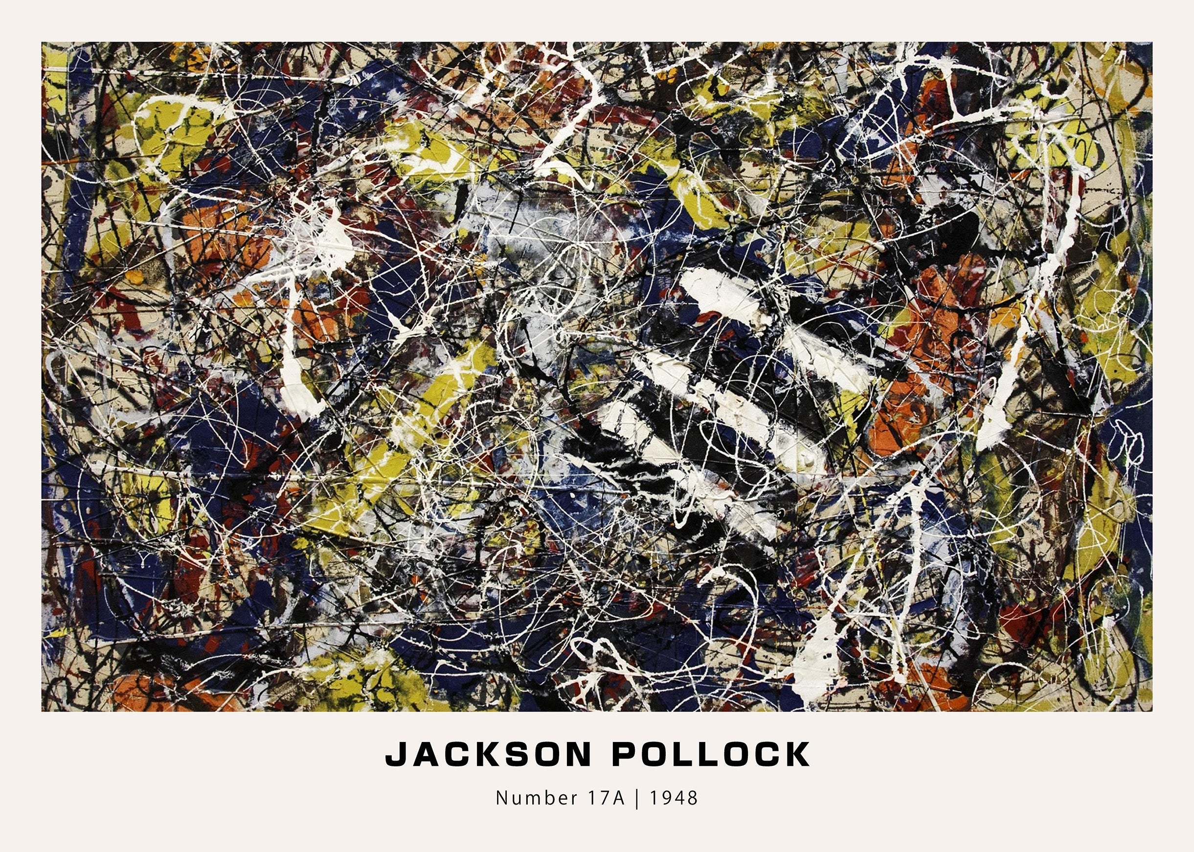 Jackson Pollock's abstract painting "Number 17A" from 1948, featuring layers of black, white, yellow, and blue drip patterns.