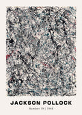Abstract Expressionist drip painting by Jackson Pollock titled Number 19, 1948, featuring intricate layers of black, white, grey, and teal paint lines.