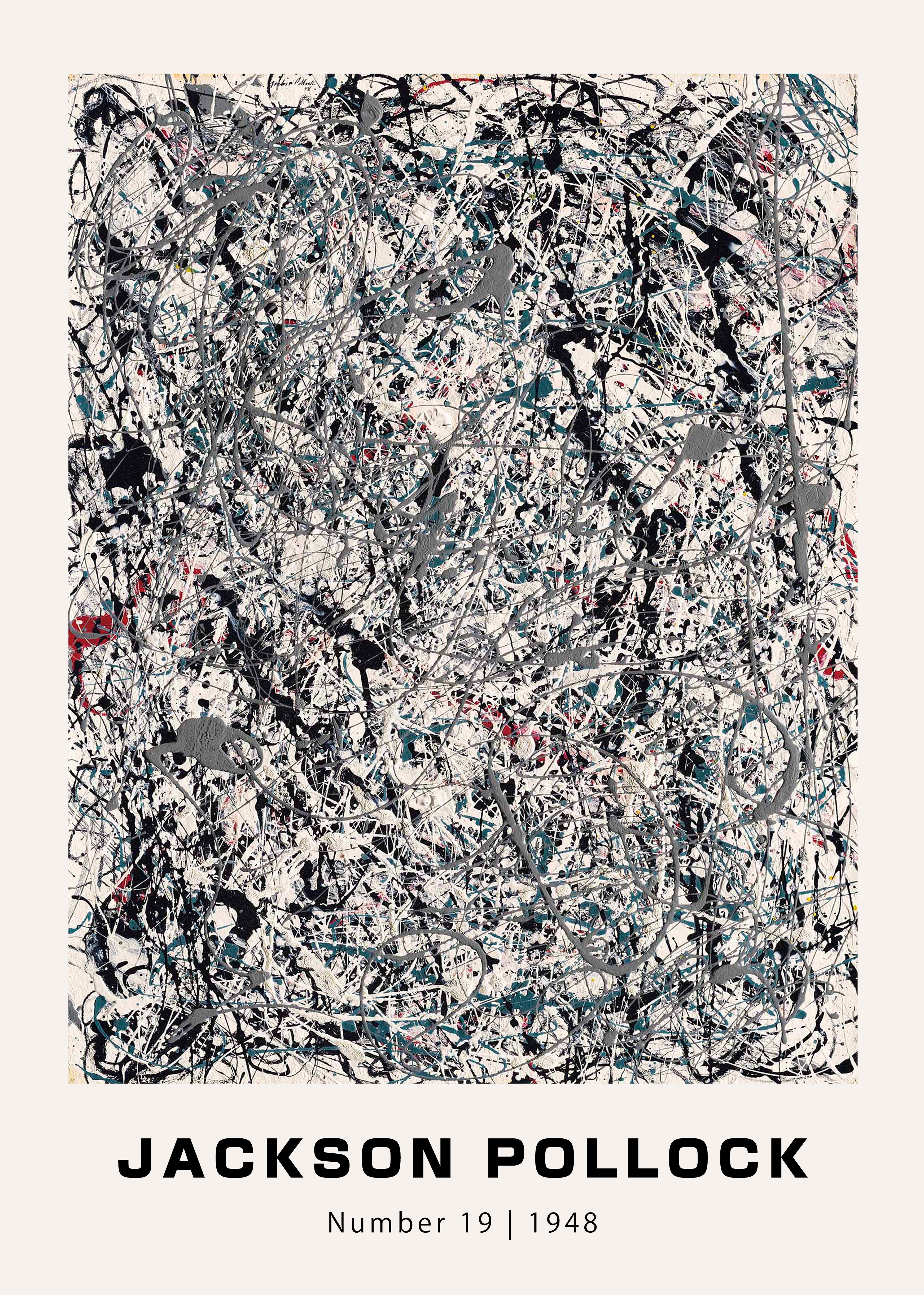 Abstract Expressionist drip painting by Jackson Pollock titled Number 19, 1948, featuring intricate layers of black, white, grey, and teal paint lines.