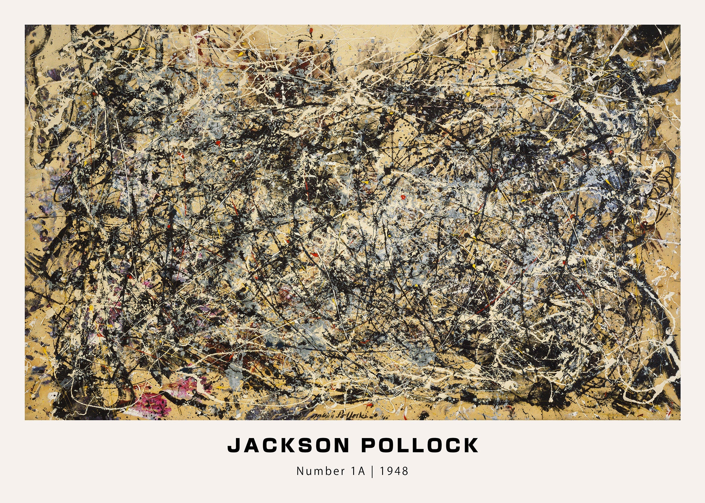 Jackson Pollock's iconic 1948 "Number 1A" drip painting reproduction featuring chaotic black, white, and yellow splatters on a beige ground.