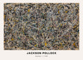 High-resolution art reproduction of Jackson Pollock's Number 1, 1949, featuring dense black, white, yellow, and silver abstract drip patterns on a beige ground.