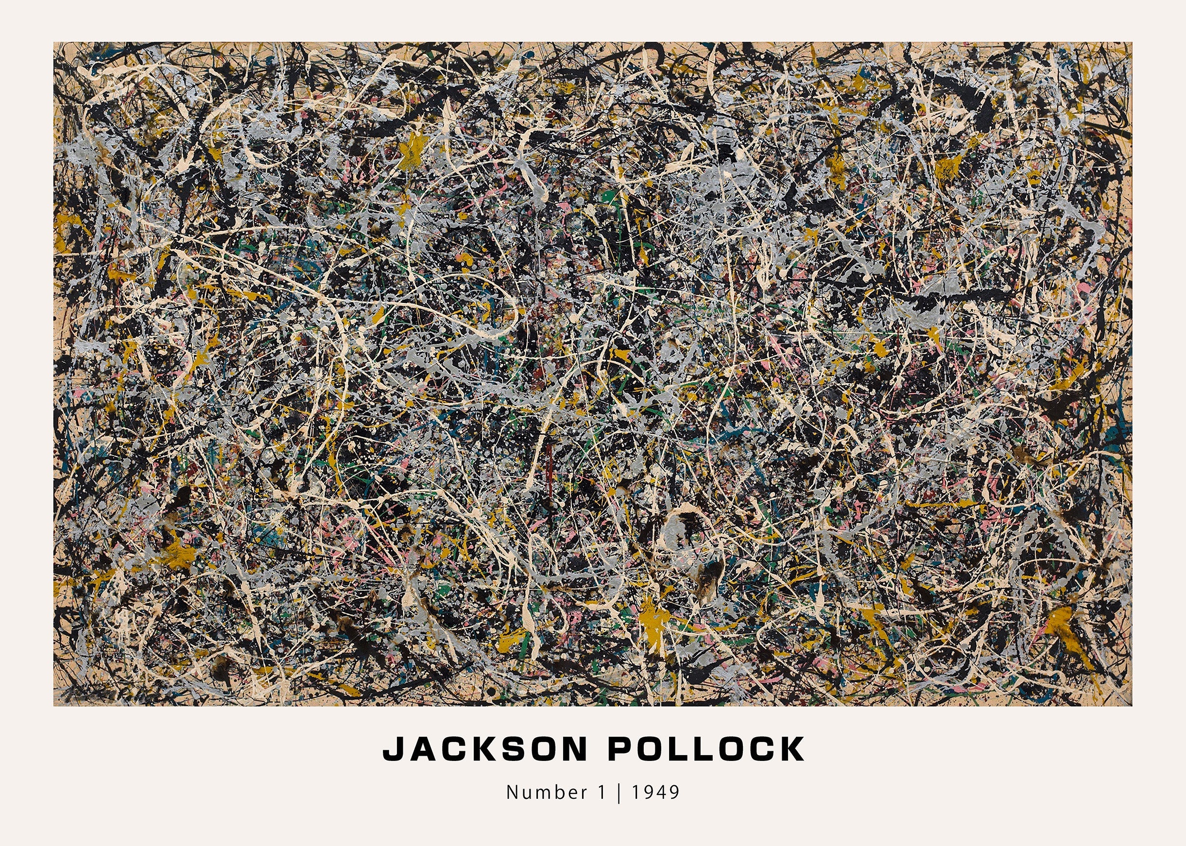 High-resolution art reproduction of Jackson Pollock's Number 1, 1949, featuring dense black, white, yellow, and silver abstract drip patterns on a beige ground.