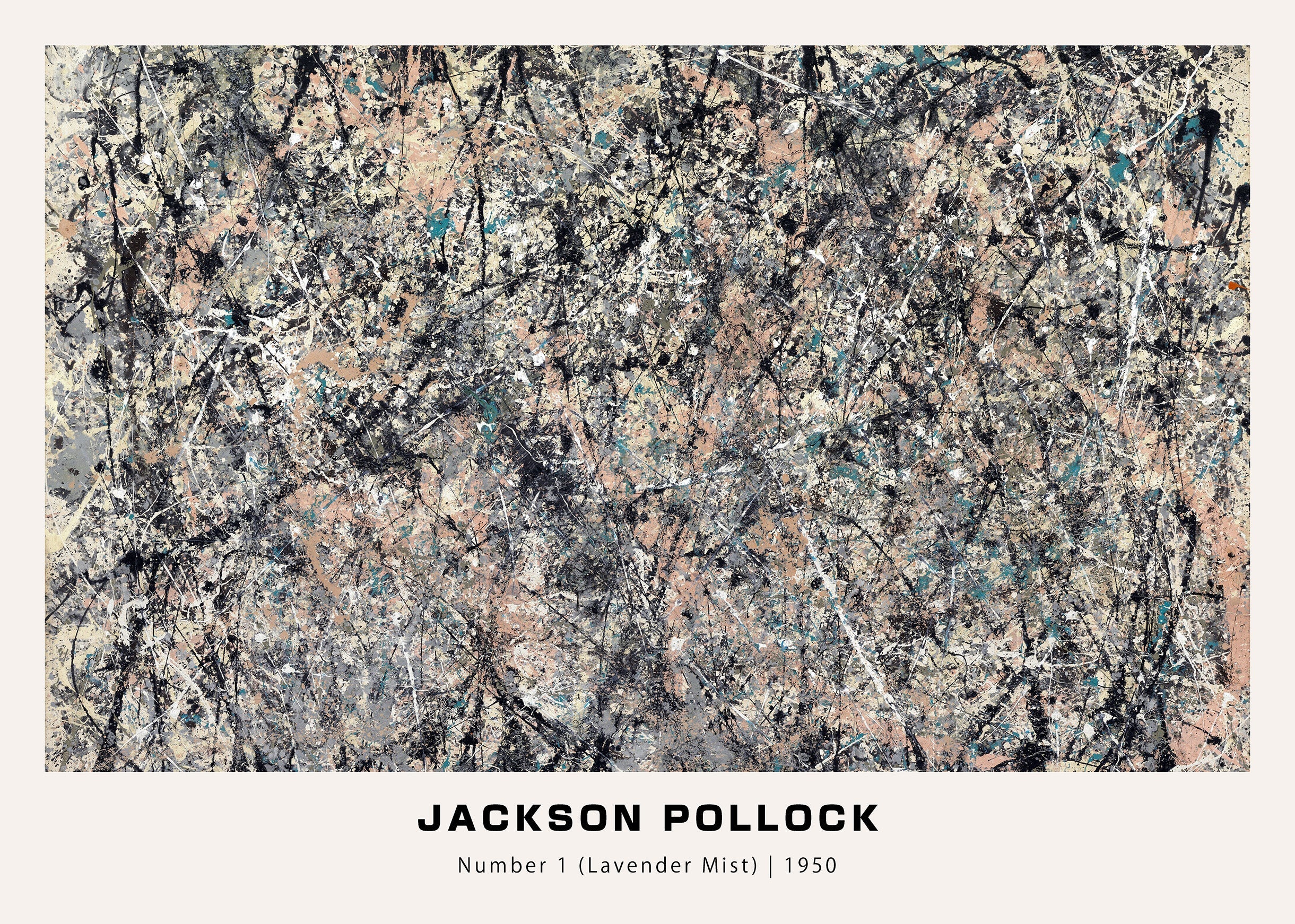 Jackson Pollock's Number 1 (Lavender Mist) Abstract Expressionist artwork from 1950, featuring dynamic drips of black, gray, white, and pale pink on canvas.