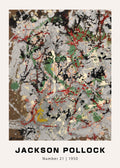 Jackson Pollock "Number 21" reproduction print featuring dense paint splatters of black, red, green, and white on a canvas texture background.