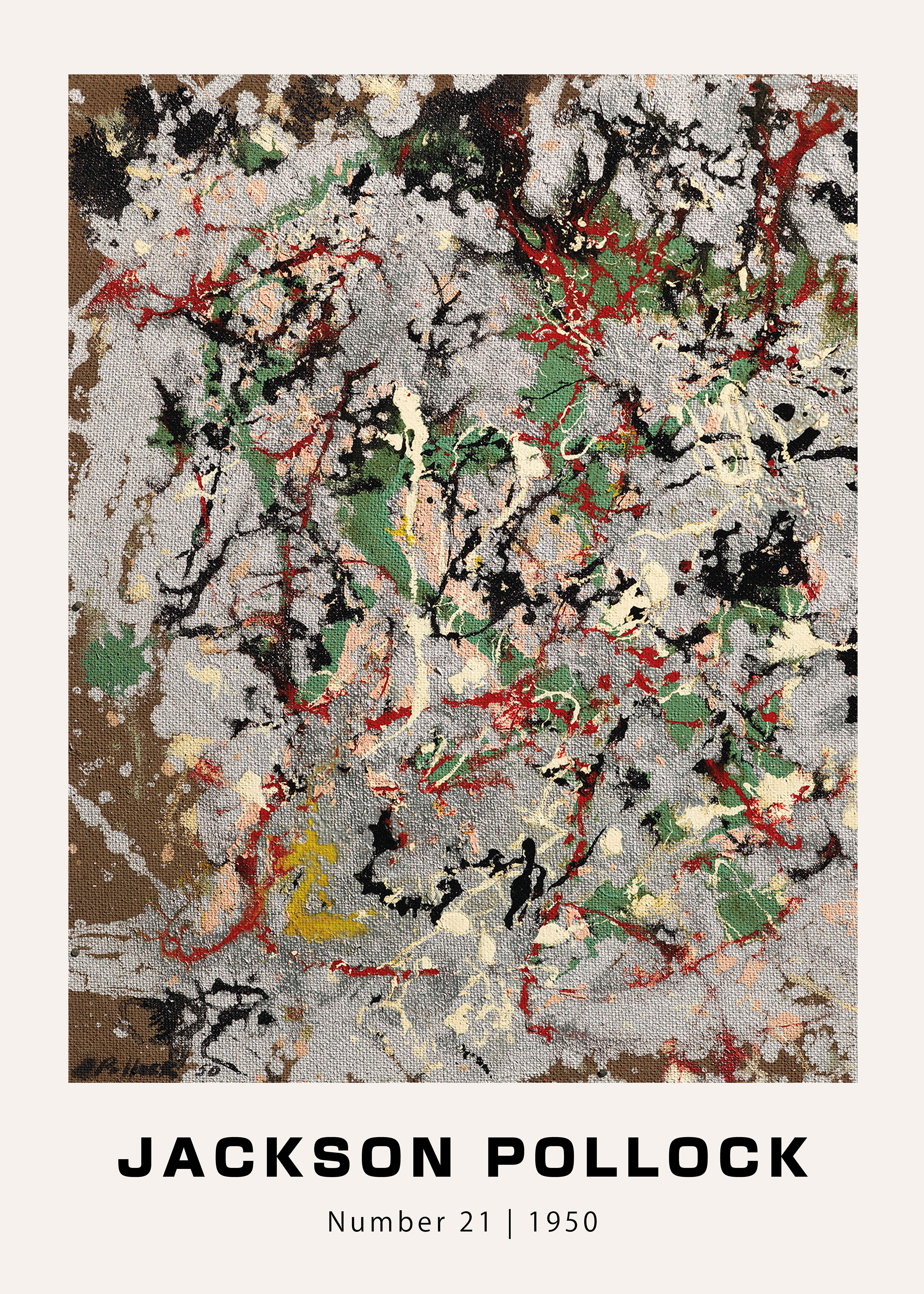Jackson Pollock "Number 21" reproduction print featuring dense paint splatters of black, red, green, and white on a canvas texture background.