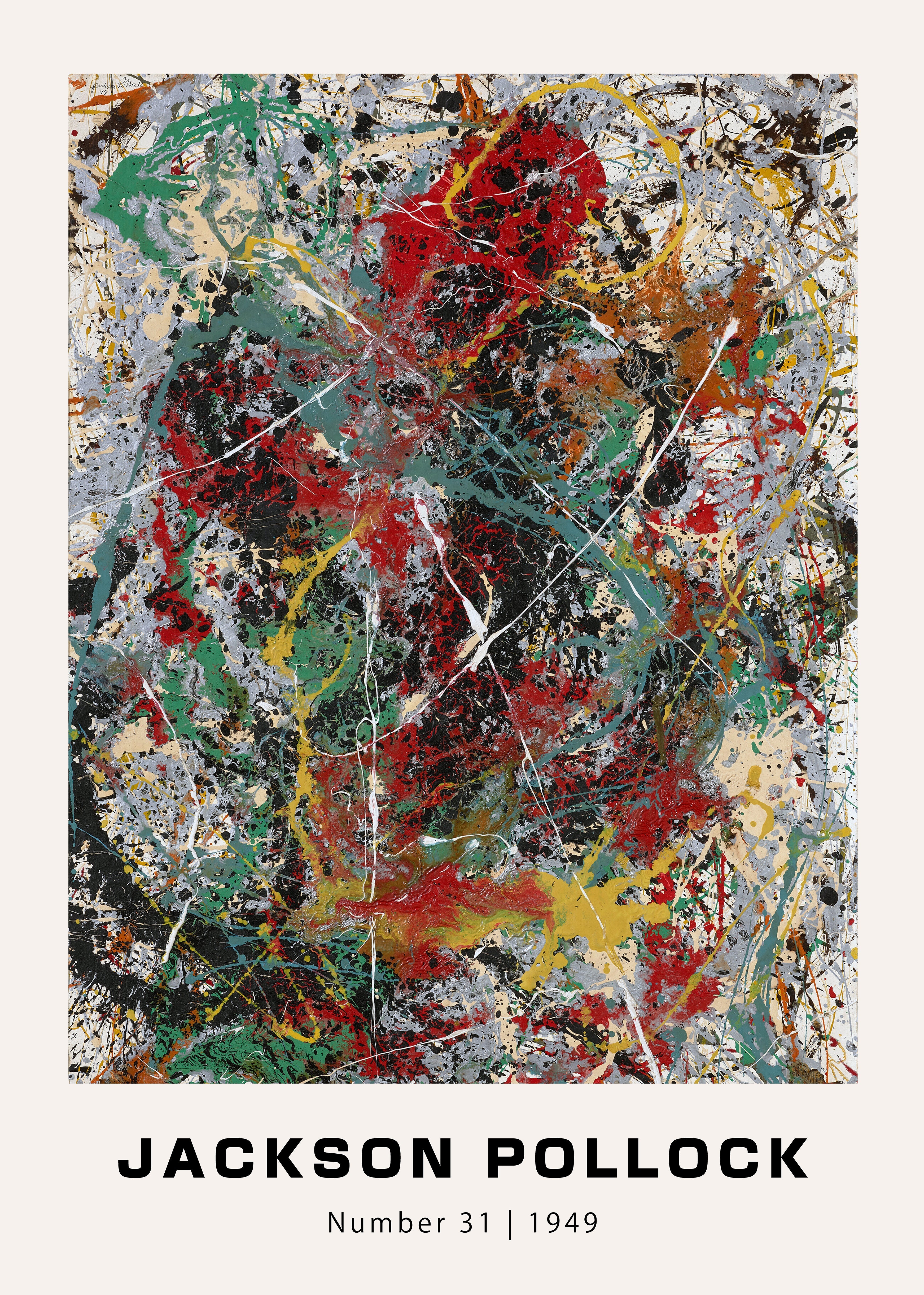 Famous Jackson Pollock abstract expressionist canvas, 'Number 31, 1949,' featuring dense layers of red, black, silver, and green drip paint.