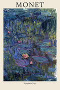 A detailed view of Claude Monet's oil painting "Nymphéas" (1917), featuring thick blue and purple brushstrokes depicting water lilies on a dark pond surface.