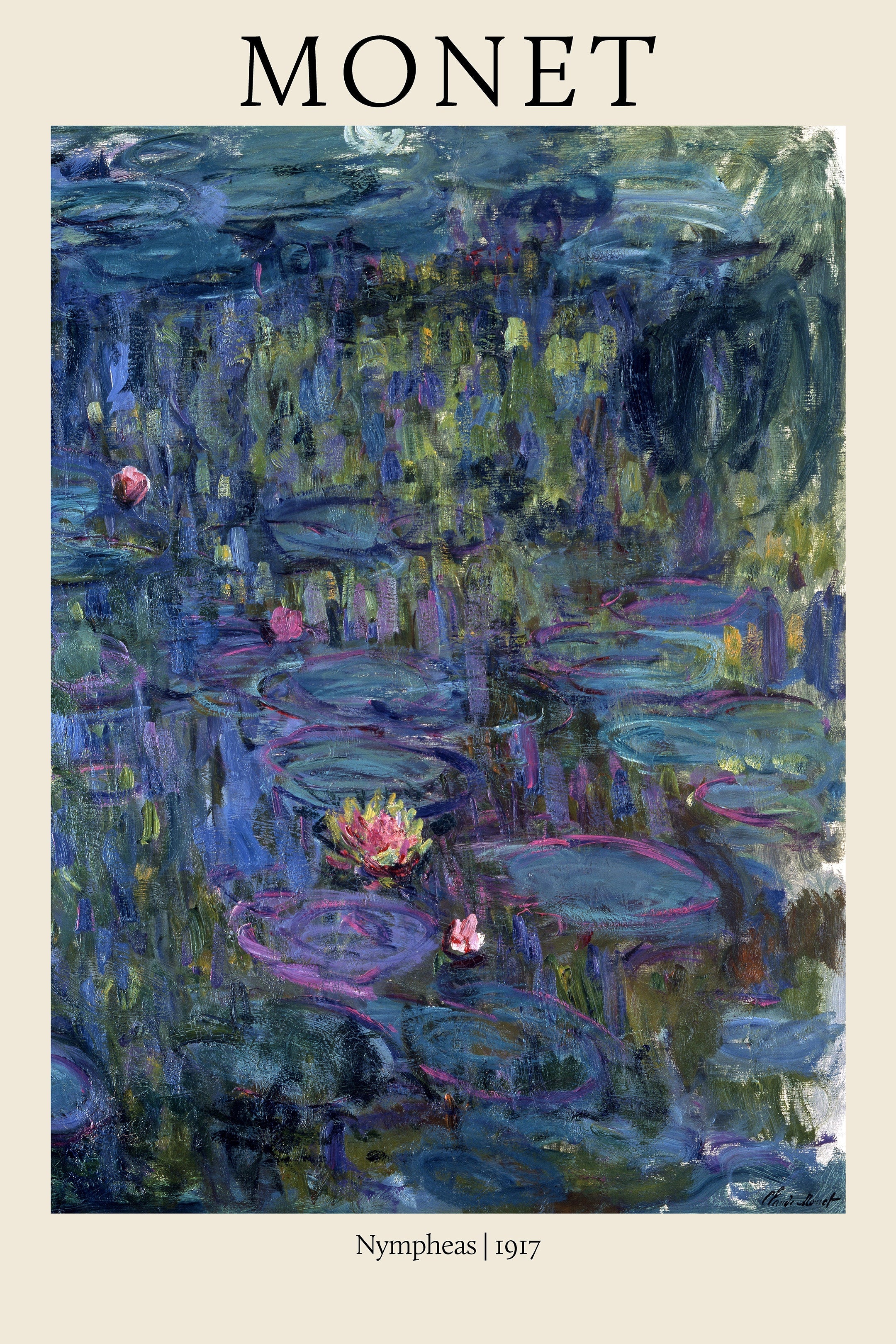 A detailed view of Claude Monet's oil painting "Nymphéas" (1917), featuring thick blue and purple brushstrokes depicting water lilies on a dark pond surface.