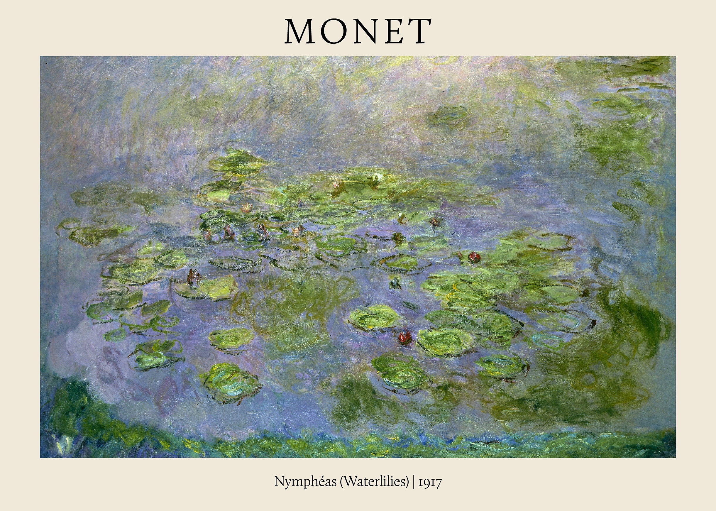 Claude Monet's 1917 Nymphéas painting showing a pond covered in green and yellow water lilies floating on blue and purple water.