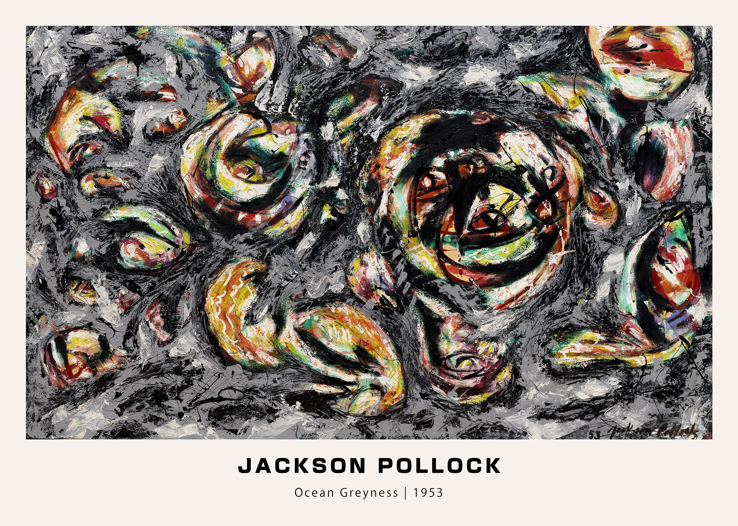 Jackson Pollock's 1953 painting, "Ocean Greyness," featuring turbulent black, gray, yellow, and orange swirls and drip painting texture.