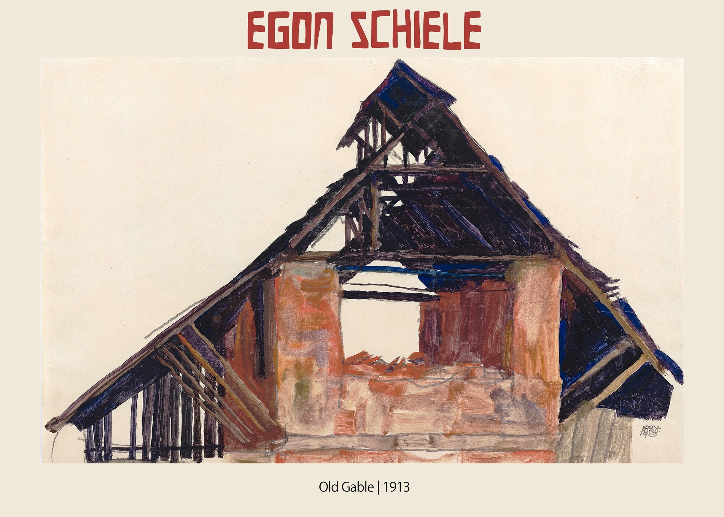 Egon Schiele's 1913 expressionist watercolor depicting the skeletal structure of a decaying or burnt "Old Gable" roof against a pale background.
