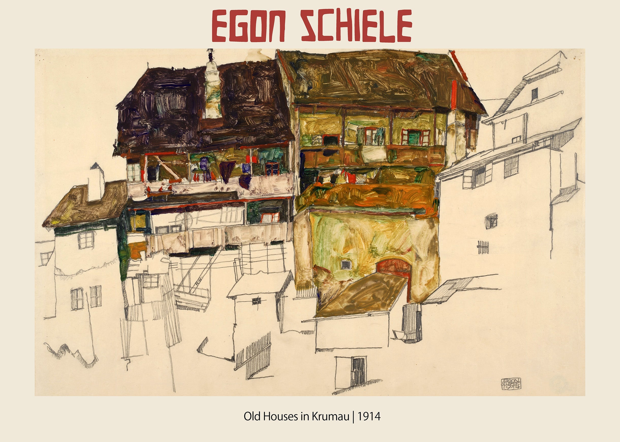 Expressionist watercolor and pencil drawing by Egon Schiele titled "Old Houses in Krumau," depicting crowded, dark-roofed European village architecture from 1914.