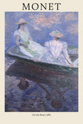 Close-up view of Claude Monet's 1887 painting "On the Boat," showing two women in white dresses reflected on deep blue water.
