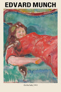 Edvard Munch painting "On the Sofa," showing a woman reclining under a red blanket against a turquoise background, 1913.
