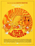 Yellow illustrated movie poster of Once Upon a Time in Hollywood featuring side profiles of three characters with flowers and psychedelic patterns