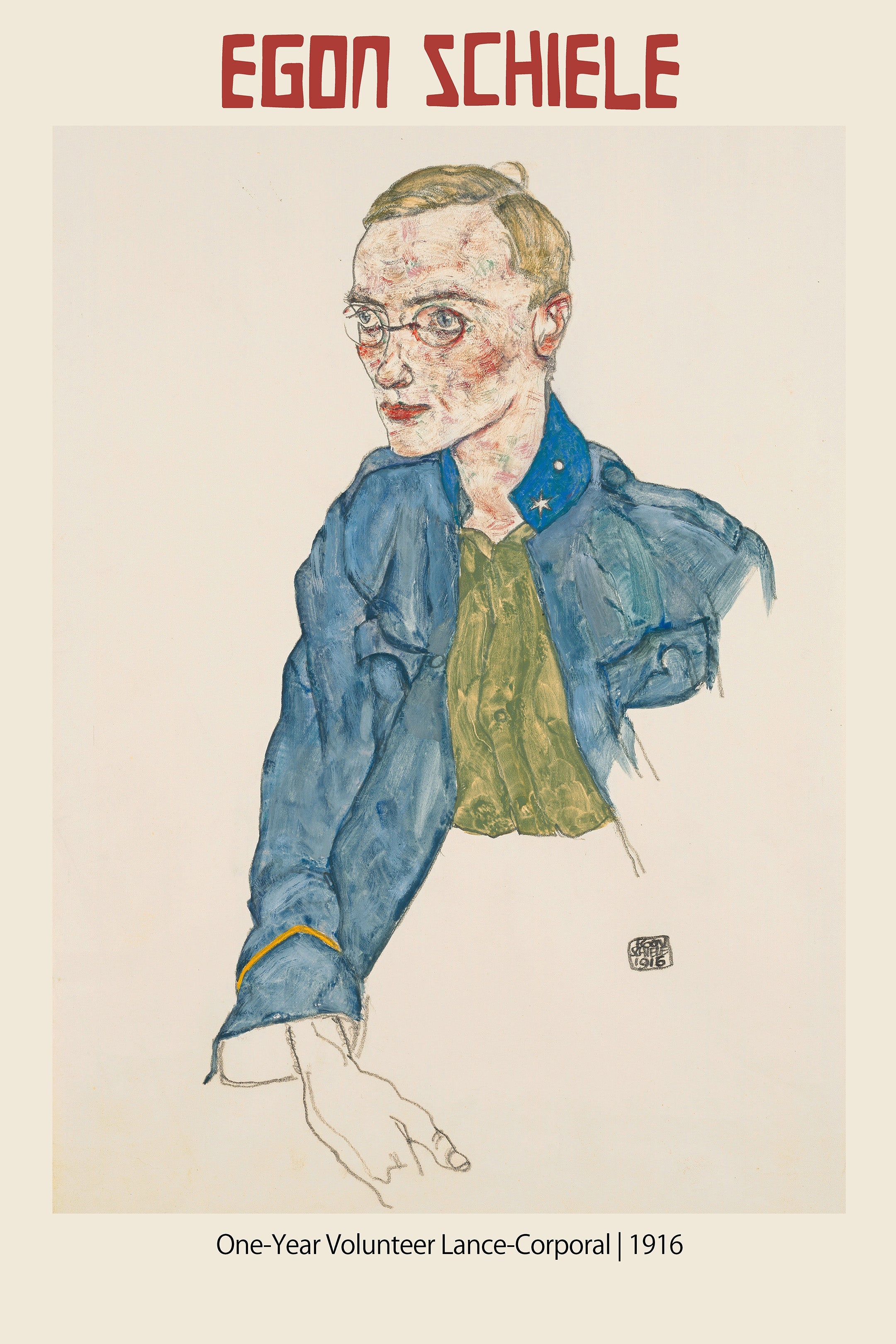Watercolor and pencil portrait by Egon Schiele, 1916, depicting a pale man wearing a blue military lance-corporal uniform jacket.