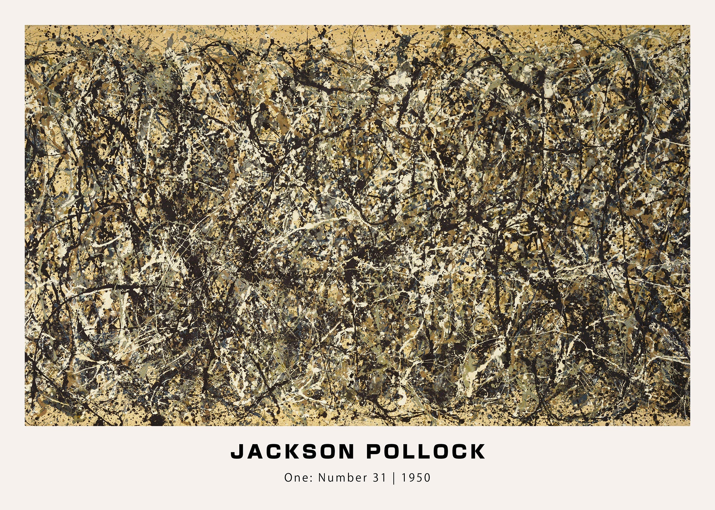 High-resolution print of Jackson Pollock's abstract expressionist masterpiece, "One: Number 31," featuring complex layers of black, white, and gold drip paint.