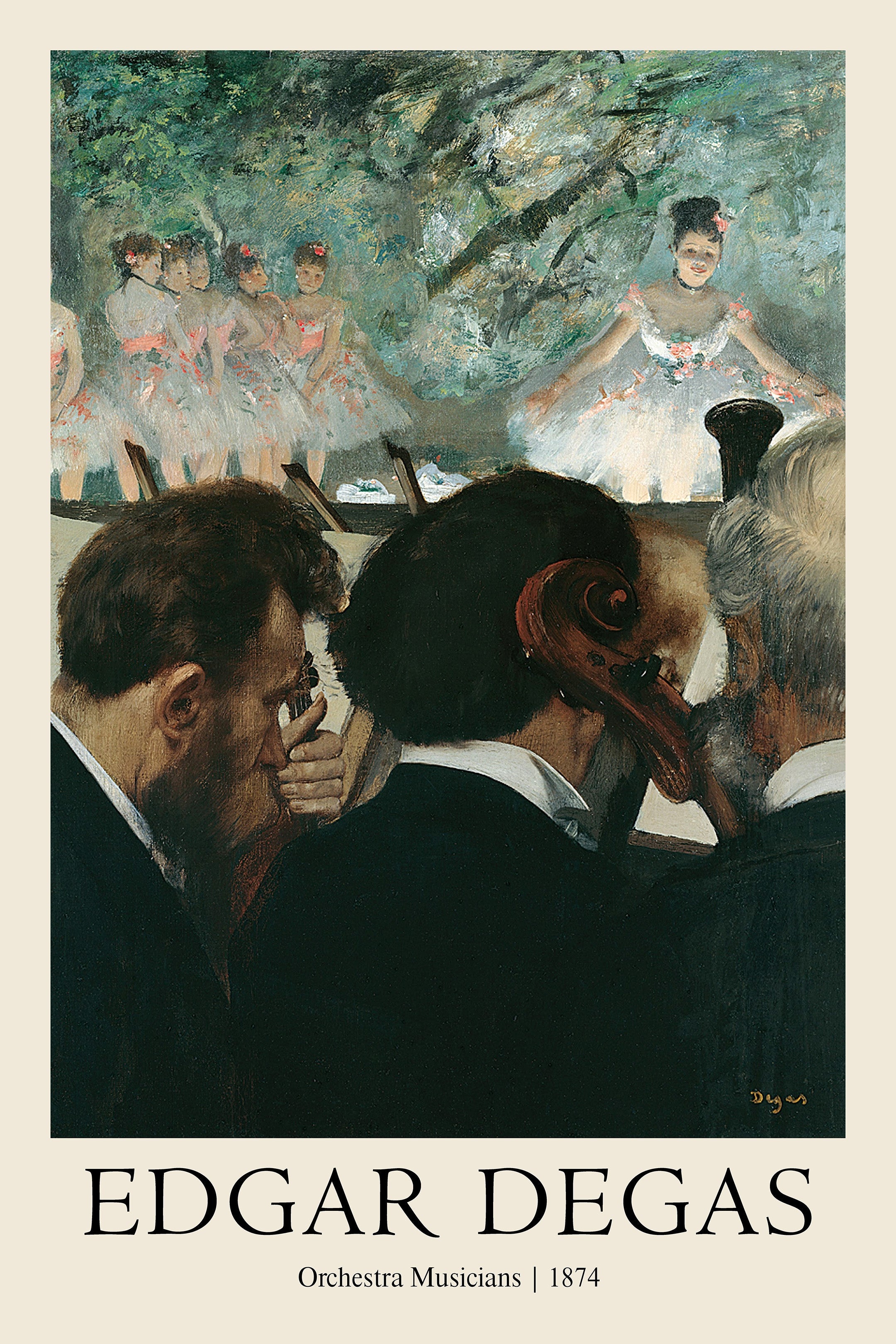 Reproduction of Edgar Degas' 1874 painting Orchestra Musicians, showing cellists and wind players in the pit with ballet dancers visible on the stage above.