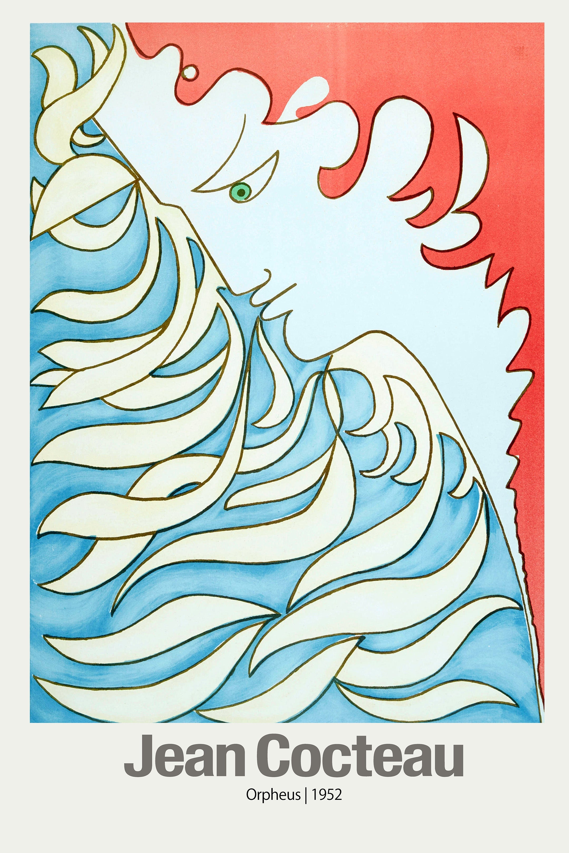 Stylized profile of a face with a green eye surrounded by blue and white flowing abstract shapes, designed by Jean Cocteau for his 1952 Orpheus piece.