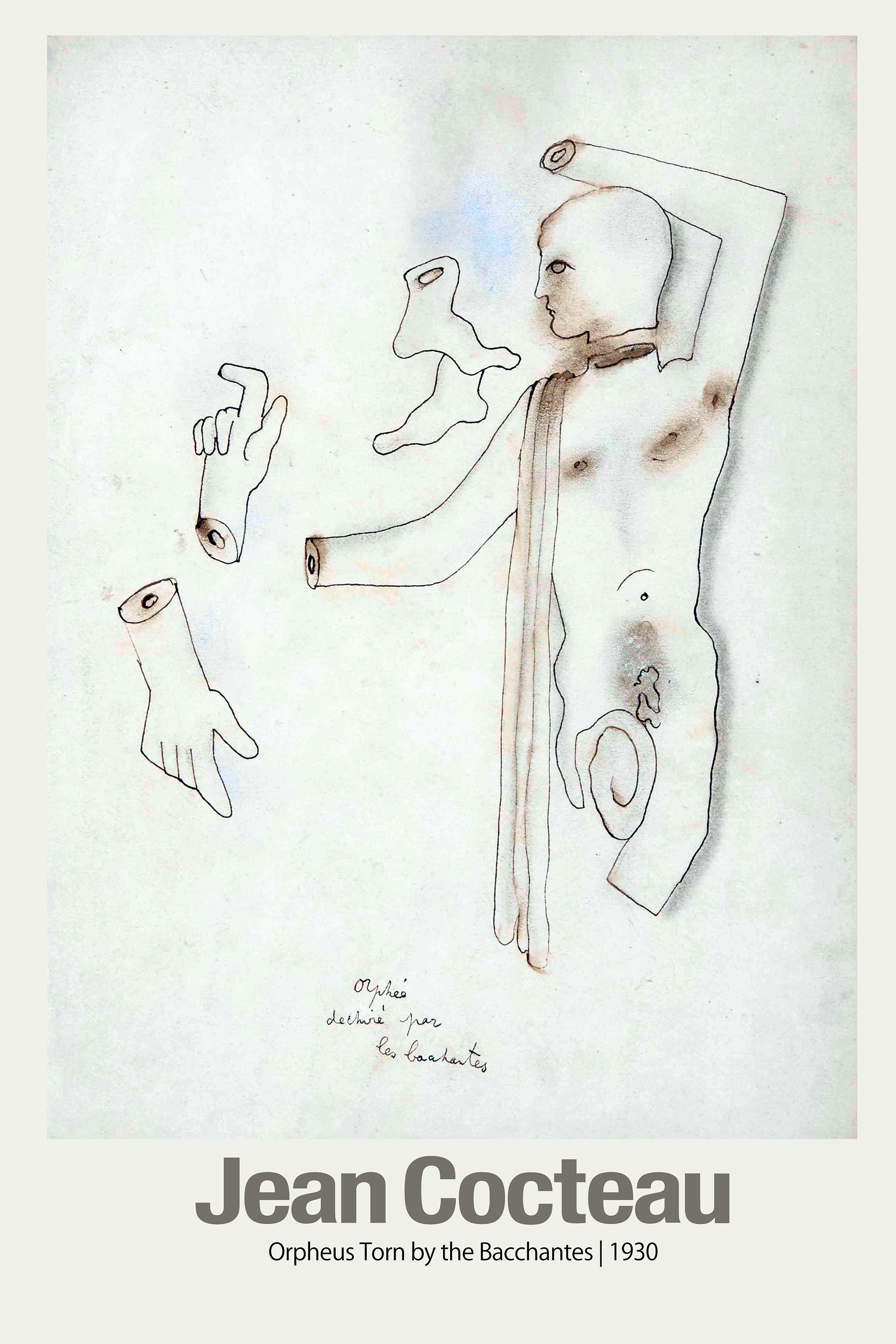 Jean Cocteau's 1930 Surrealist drawing "Orpheus Torn by the Bacchantes," featuring a fragmented figure and detached hands.