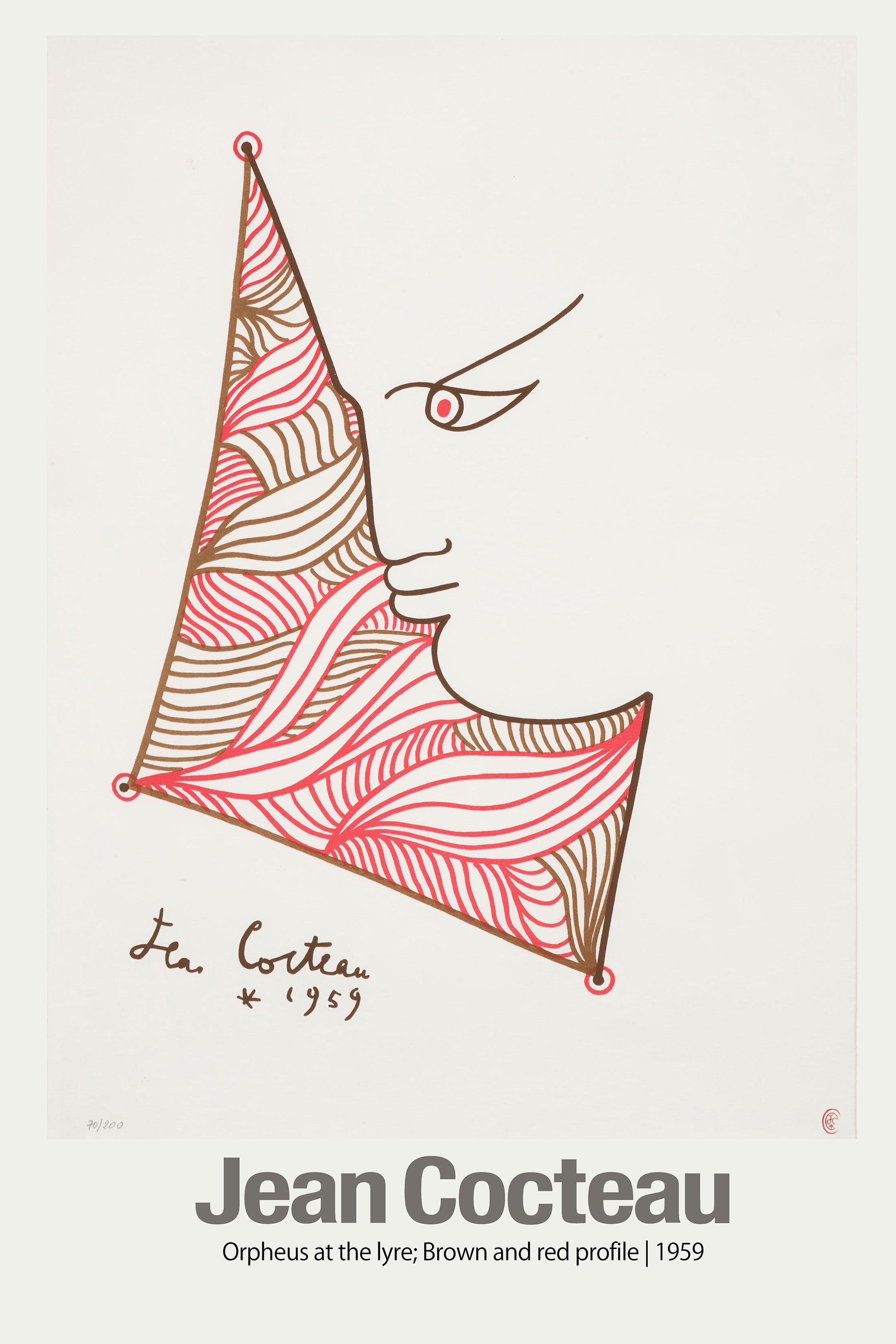 Jean Cocteau minimalist profile drawing titled 'Orpheus at the Lyre' featuring brown and red swirling lines in a triangular shape, 1959.