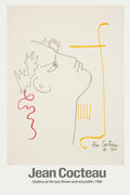 Iconic 1960 sketch by Jean Cocteau, "Orpheus at the Lyre." Minimalist profile drawing with a gray outline, a red wavy line, and a single green eye.