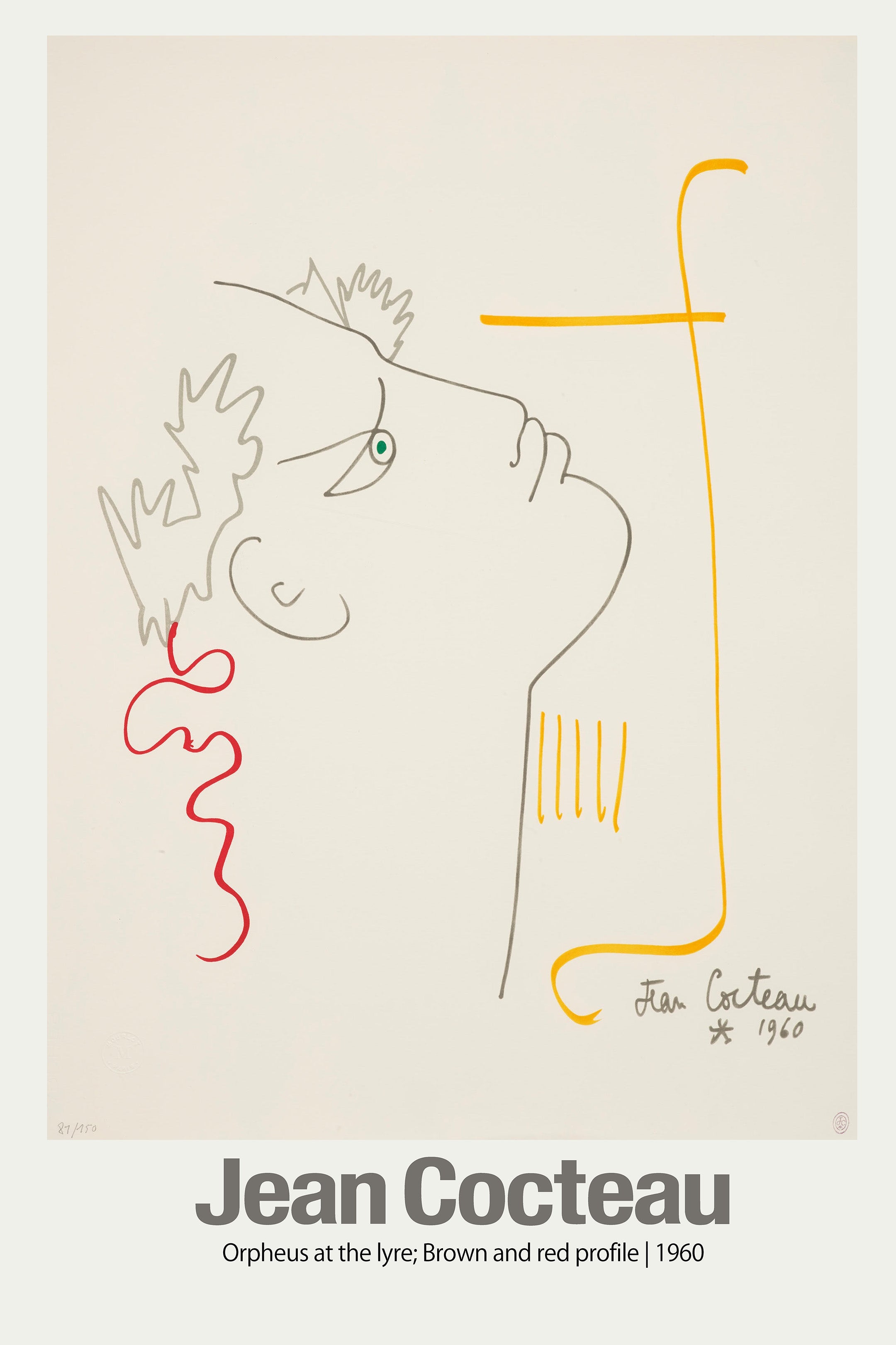 Iconic 1960 sketch by Jean Cocteau, "Orpheus at the Lyre." Minimalist profile drawing with a gray outline, a red wavy line, and a single green eye.