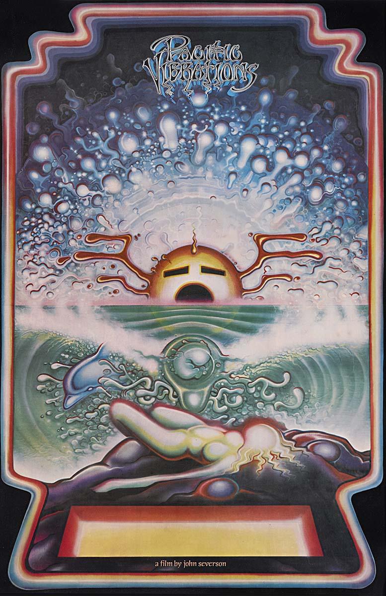 Psychedelic movie poster for Pacific Vibrations (1970) showing a stylized sun, dolphin, crashing waves, and abstract human figures in blue and red.