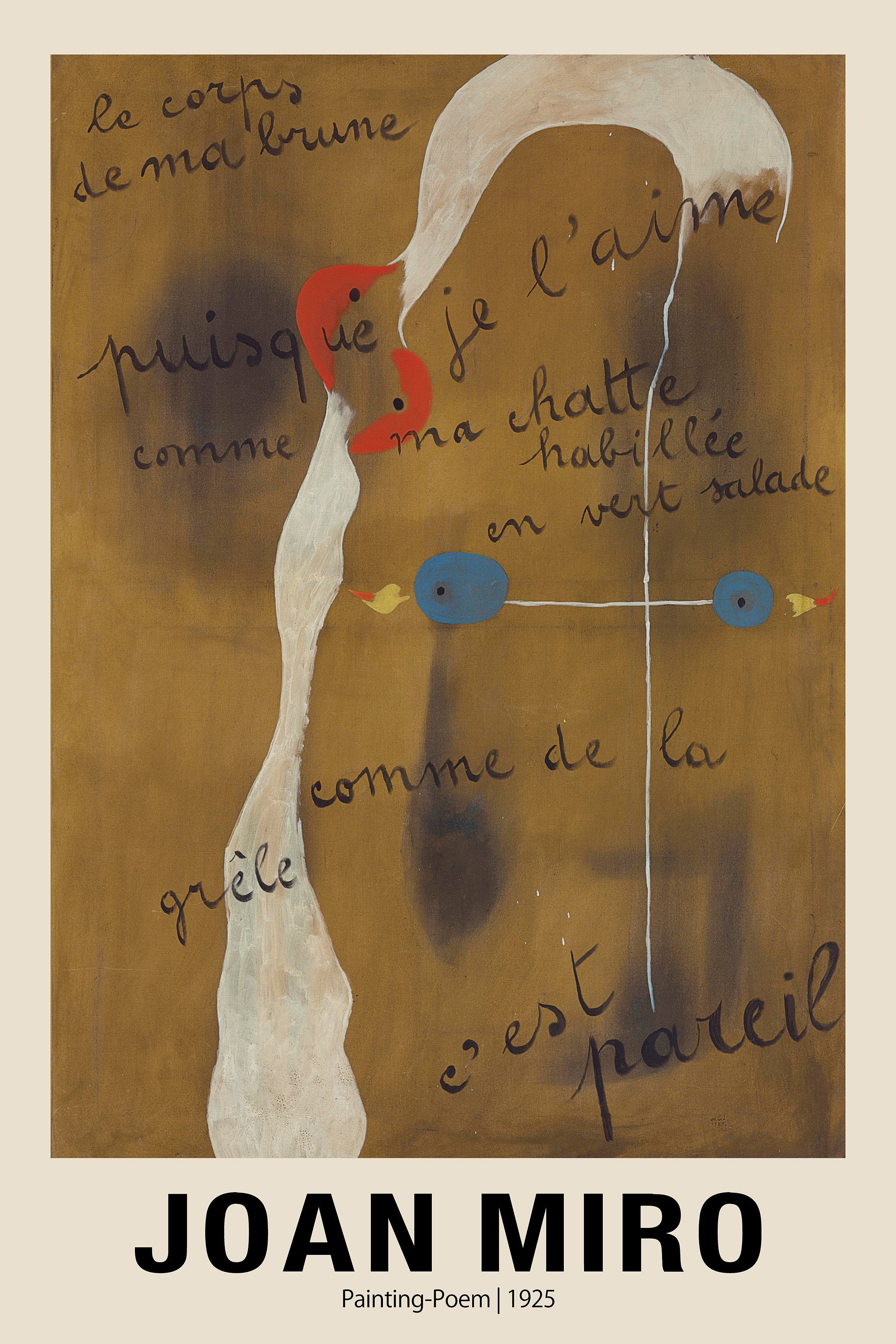Joan Miró Painting-Poem from 1925, an abstract composition on a brown background featuring a large white shape, blue ovals, red forms, and handwritten French script.