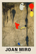 Abstract Surrealist poster by Joan Miró (1925), featuring red, yellow, and white floating shapes connected by thin lines on a textured brown canvas.