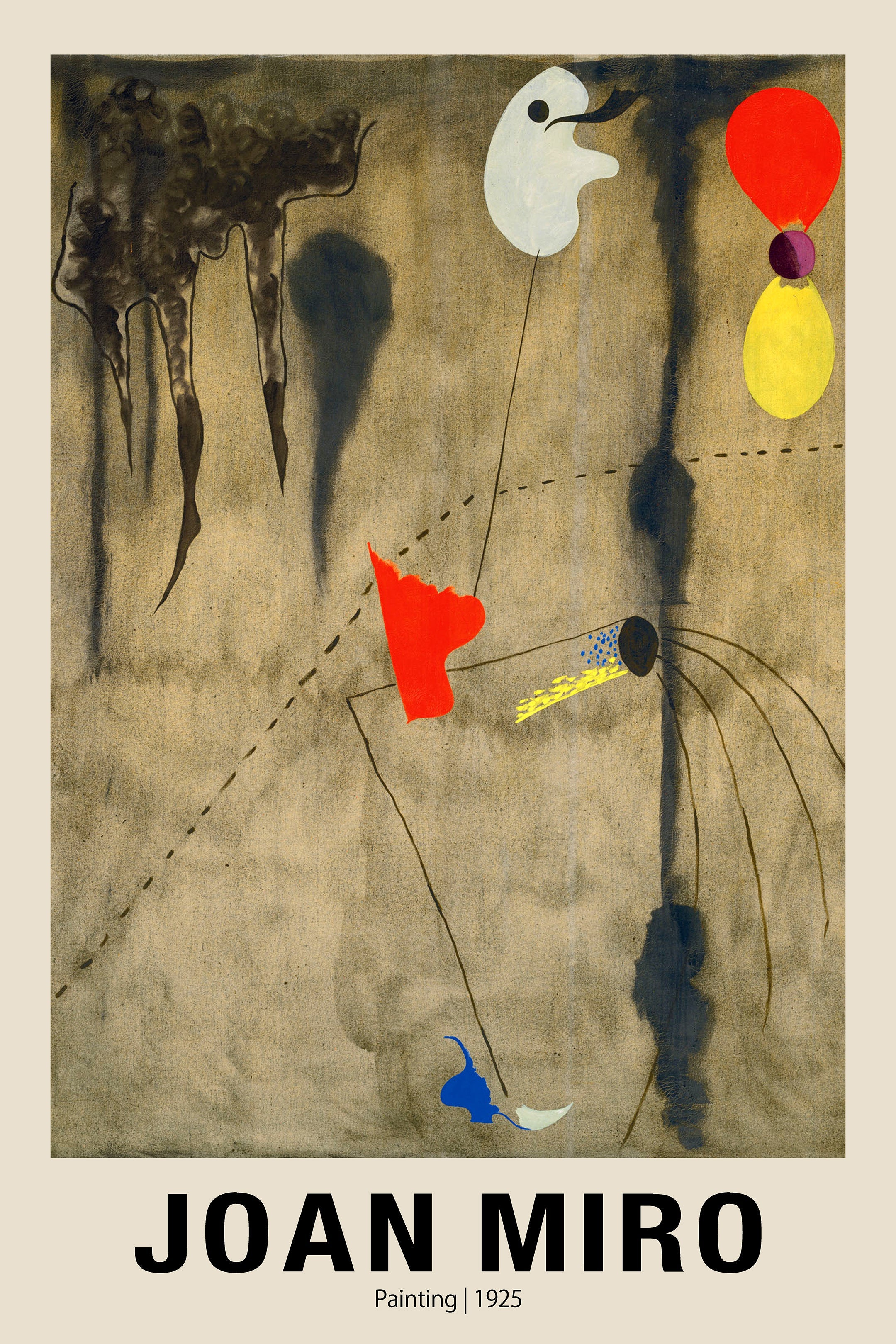Abstract Surrealist poster by Joan Miró (1925), featuring red, yellow, and white floating shapes connected by thin lines on a textured brown canvas.